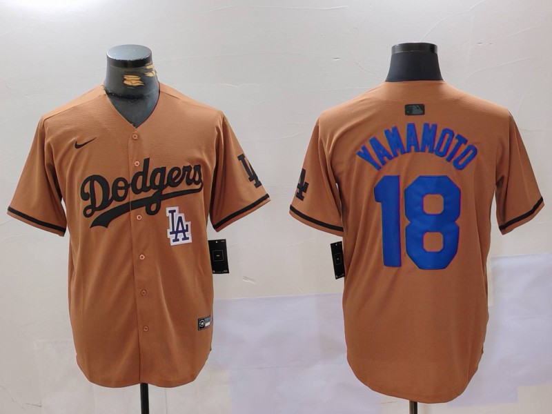Men Los Angeles Dodgers #18 Yamamoto army green joint name 2024 Nike MLB Jersey style 6